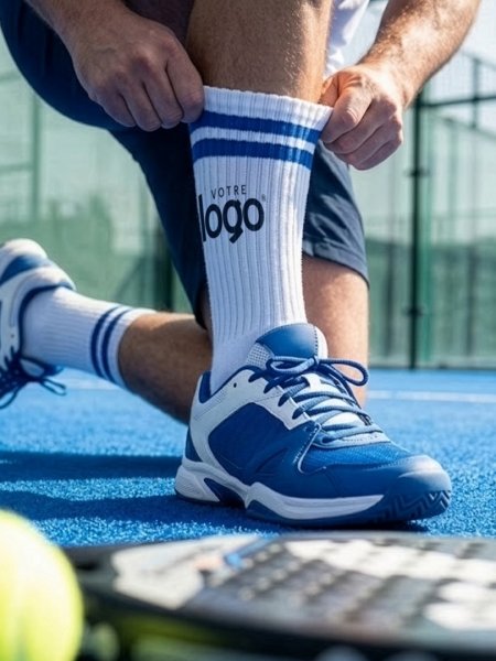 Chaussettes sport à bandes bleus personnalisées avec votre logo 