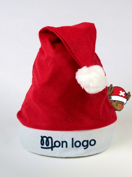 Bonnet de noël rouge et blanc personnalisable avec exemple de logo imprimé noel Bonnet de noël rouge et blanc personnalisable avec exemple de logo imprimé noel