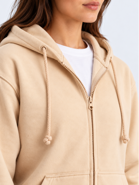 Mannequin femme de face portant le sweat zippé à capuche unisexe JH050 couleur desert sand vue détaillée