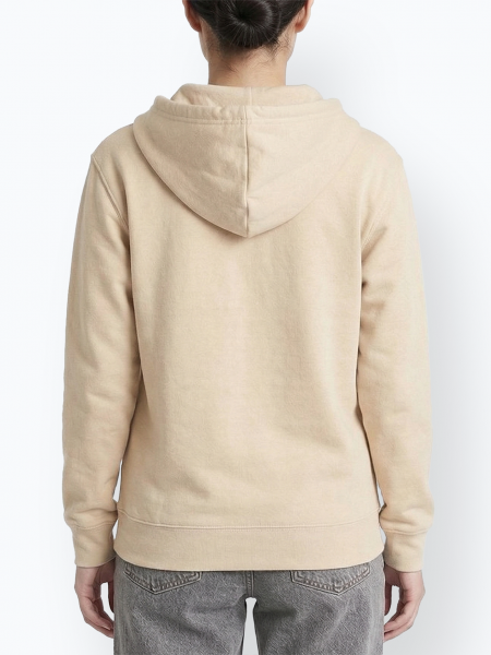 Mannequin femme de dos portant le sweat zippé à capuche unisexe JH050 couleur desert sand Mannequin femme de dos portant le sweat zippé à capuche unisexe JH050 couleur desert sand