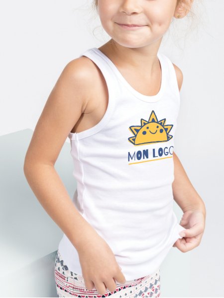 Exemple de logo floqué sur un débardeur pour petite fille K362 en coloris White