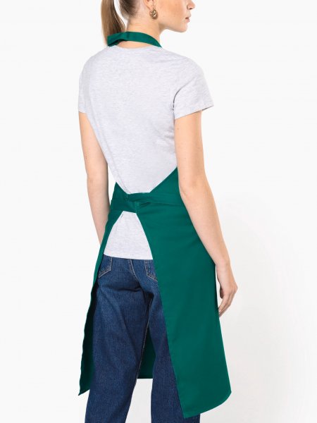 mannequin femme de dos portant le Tablier polycoton sans poche personnalisable