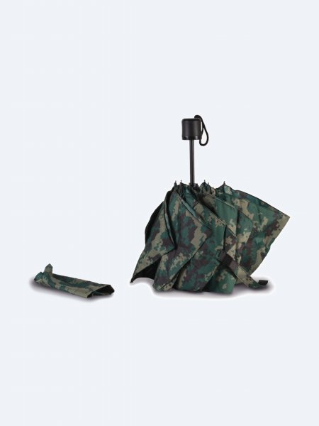 Mini parapluie pliable KI2010 plié et sa housse Mini parapluie pliable KI2010 replié en trois parties avec sa housse de rangement