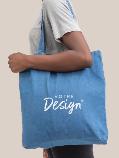Tote bag en denim MT195 personnalisé avec votre design, porté