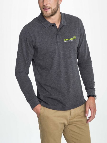 Polo manches longues pour homme Perfect LSL en coloris anthracite chiné avec exemple de logo imprimé