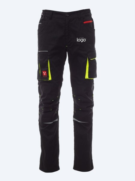 Packshot du pantalon de travail stretch Payper Next 400 en coloris Noir avec simulation de marquage logo sur la cuisse