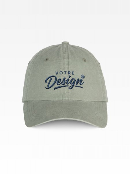 Exemple de marquage personnalisé sur la casquette écoresponsable délavée unisexe NS040 Exemple de marquage personnalisé sur la casquette écoresponsable délavée unisexe NS040