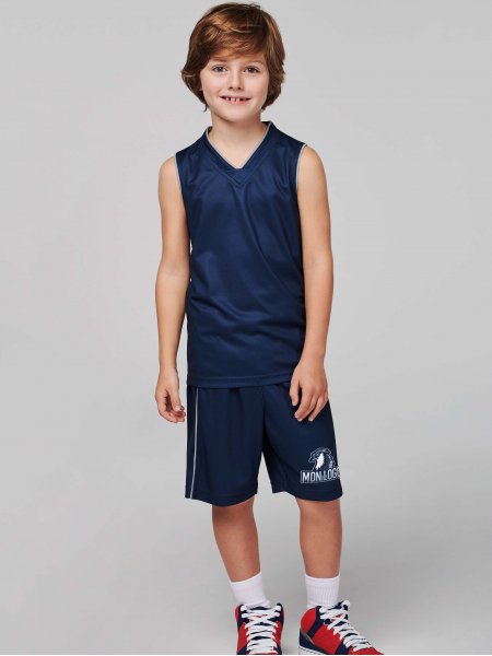 Exemple de logo floqué sur le short de basket pour enfant PA161 en coloris Sporty Navy