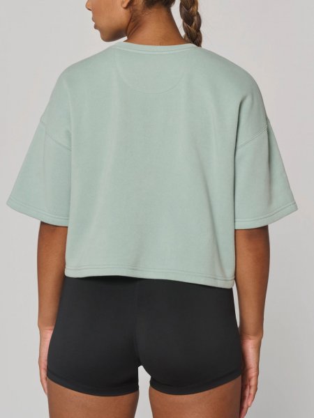 mannequin femme de dos portant le Sweat-shirt crop à manches courtes col rond femme personnalisable