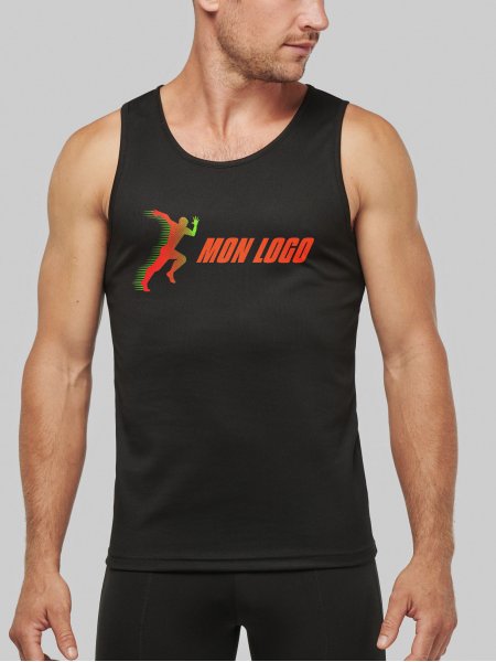 Débardeur de sport pour homme PA441 en coloris Black avec exemple de logo floqué Débardeur de sport pour homme PA441 en coloris Black avec exemple de logo floqué