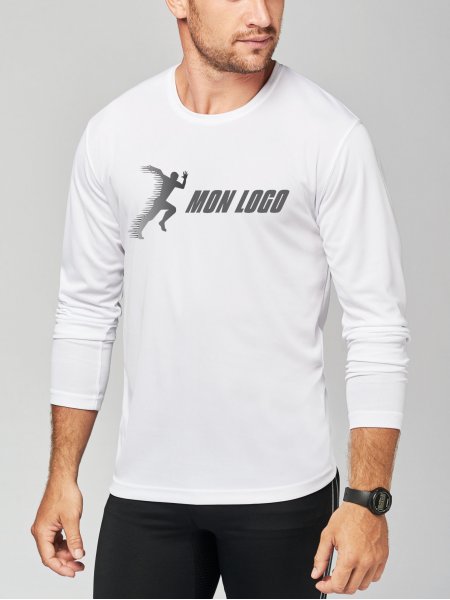 Tee shirt de sport manches longues pour homme PA443 en coloris blanc avec exemple de logo floqué Tee shirt de sport manches longues pour homme PA443 en coloris blanc avec exemple de logo floqué