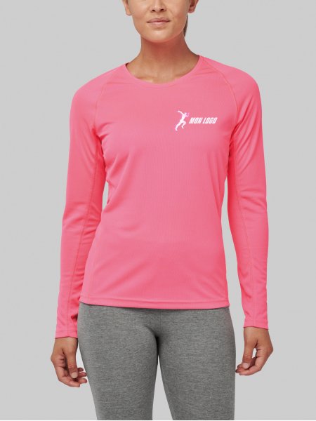Tee shirt de sport manches longues pour femme PA444 en coloris Fluorescent Pink avec exemple de logo floqué sur le coeur Tee shirt de sport manches longues pour femme PA444 en coloris Fluorescent Pink avec exemple de logo floqué sur le coeur