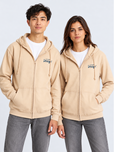 Mannequin femme et homme de face portant le sweat zippé à capuche unisexe JH050 couleur desert sand