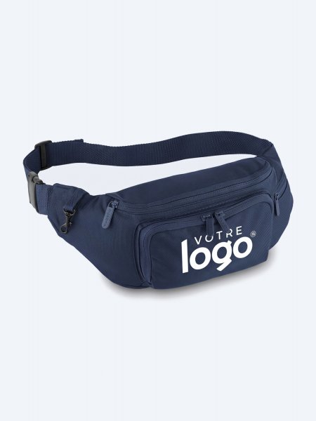 Sac banane multipoches QD012 à personnaliser en coloris French Navy, vue trois quarts avec emplacement de marquage sur la poche avant