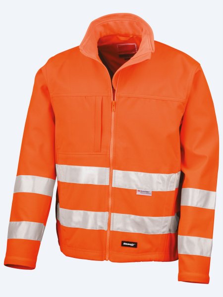 Packshot de la veste softshell haute visibilité R117 en coloris Safety Orange vu de face sur fond gris