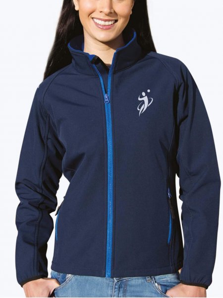 Veste softshell pour femme R231F en coloris Navy/Royal avec exemple de logo imprimé sur le coeur