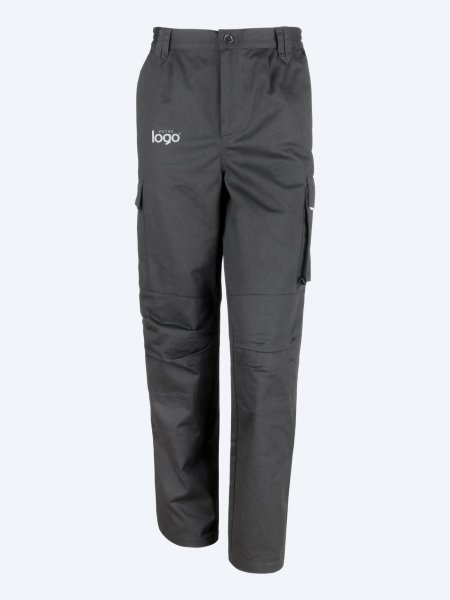 Packshot du pantalon de travail multipoches R308M en coloris Black avec simulation de marquage logo sur la cuisse