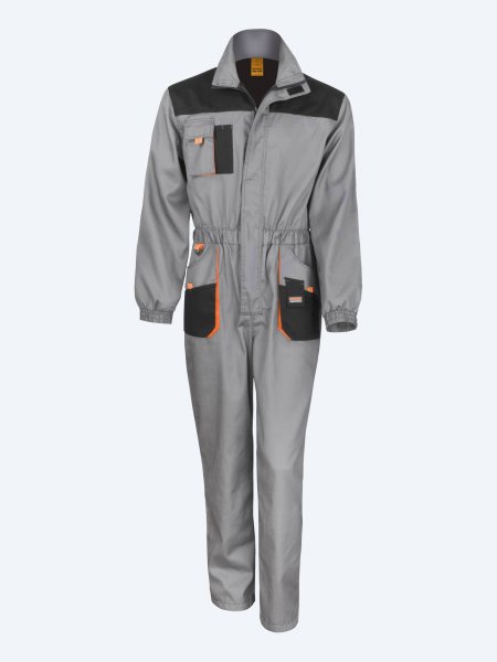 Combinaison de travail R321X Grey / Black / Orange - vue de face Combinaison de travail Lite R321X en coloris Grey / Black / Orange vue de face sur fond gris