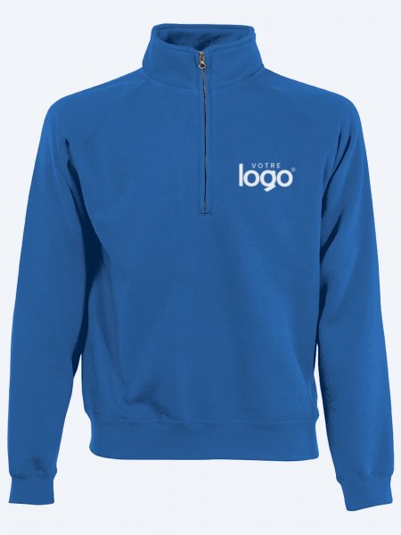 Sweat col zippé personnalisable SC165 en coloris Royal Blue avec exemple de logo blanc sur la poitrine