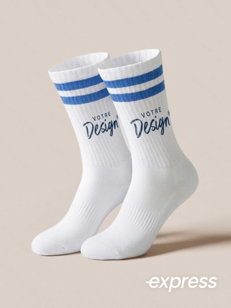 Chaussettes sport à bandes bleus personnalisées en livraison express Chaussettes sport à bandes bleus personnalisées avec votre design en livraison express