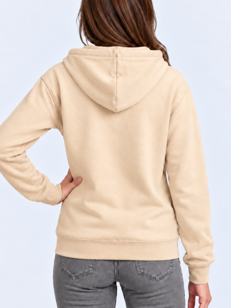 Mannequin femme de dos portant le sweat zippé à capuche unisexe JH050 couleur desert sand