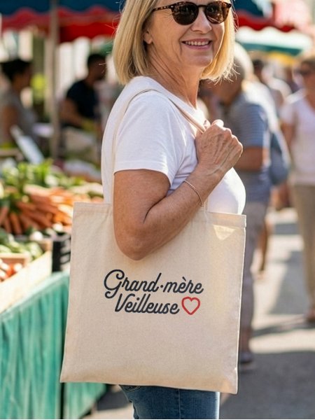 mannequin femme de profil portant le Tote bag Grand-mère veilleuse mannequin femme de profil portant le Tote bag Grand-mère veilleuse