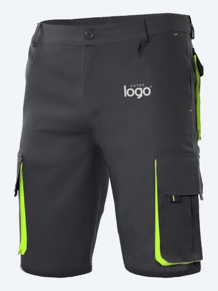Packshot du bermuda de travail multipoches bicolore V3007 en coloris Black / Lime avec simulation de marquage logo sur la cuisse