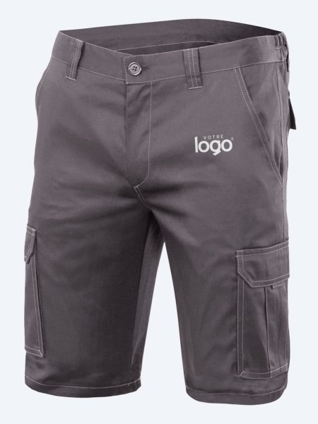 Bermuda de travail V3009S Grey - simulation de marquage Packshot du bermuda de travail stretch multipoches V3009S en coloris Grey avec simulation de marquage logo sur la cuisse