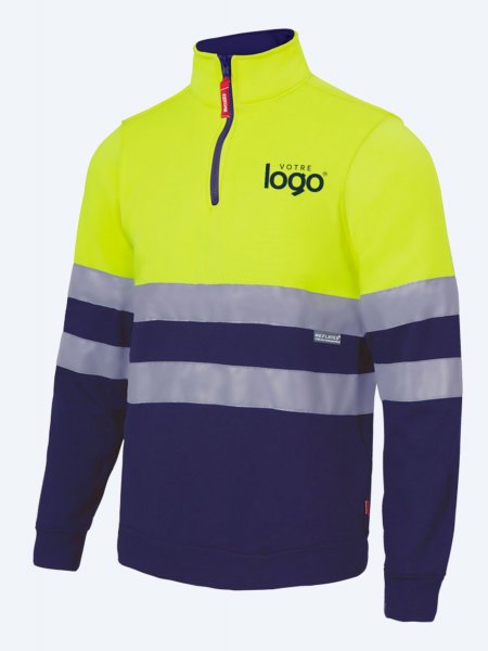 Sweat col zippé haute visibilité jaune fluo et marine à personnaliser Sweat col zippé haute visibilité jaune fluo et marine à personnaliser
