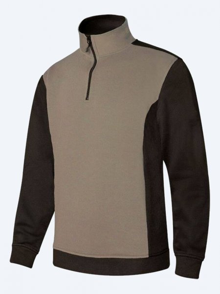 Sweat de travail col zippé V5703 beige/noir - vue de face Sweat de travail col zippé V5703 en coloris beige et noir, vue de face sur fond gris