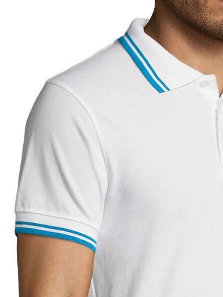 Zoom col et manche polo homme Pasadena coloris Blanc / Aqua Zoom sur le col et la manche du polo homme Pasadena en coloris Blanc / Aqua