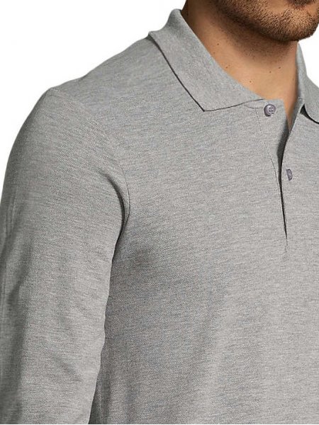 Zoom sur les détails du col et de l'épaule du polo manches longues pour homme Perfect LSL en coloris gris chiné