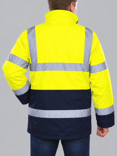 Mannequin homme de dos portant la veste de sécurité bicolore haute visibilité YHVP302 en coloris Hi Viz Yellow / Navy