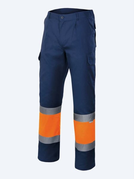 Pantalon bicolore haute visibilité VL157 en coloris Navy / Orange vu de face sur fond gris