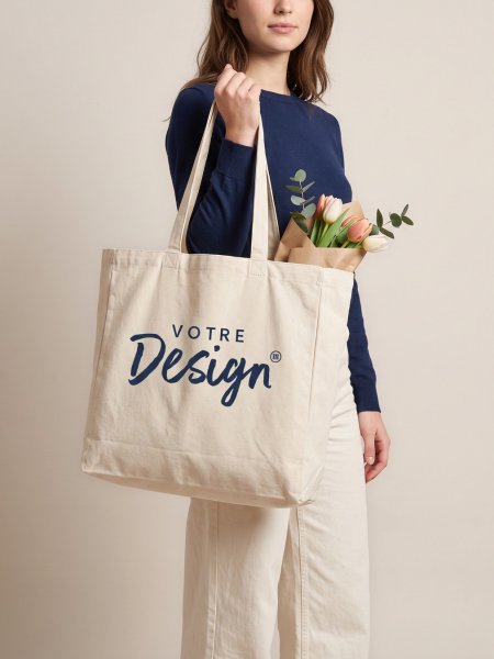 Sac toile coton shopping W108 naturel porté à la main, personnalisé avec votre design
