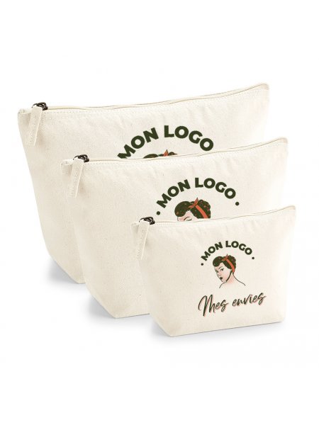 Exemples de logos imprimés sur les trois formats de pochettes en coton bio WM840 en coloris natural