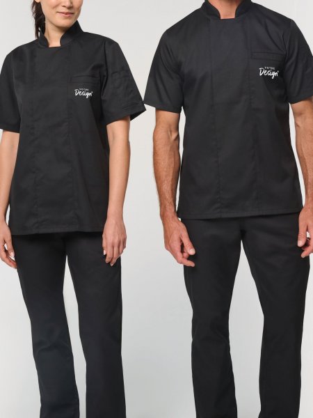 mannequin homme et mannequin femme de face portant la Veste de cuisine écoresponsable manches courtes unisexe personnalisable