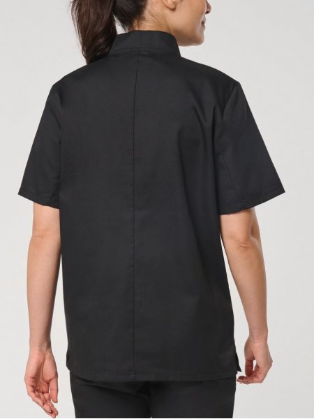 mannequin femme de dos portant la Veste de cuisine écoresponsable manches courtes unisexe personnalisable