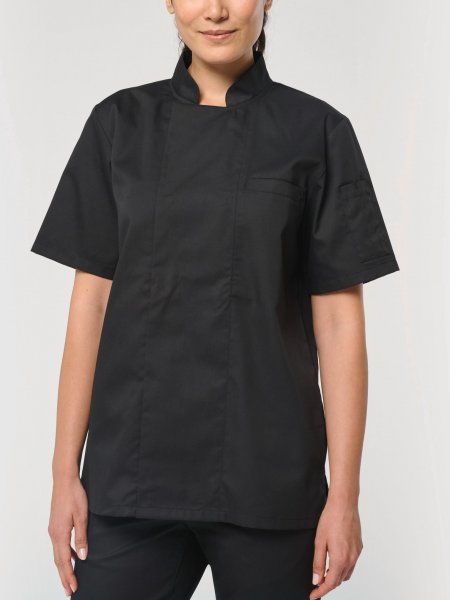 mannequin femme de face portant la Veste de cuisine écoresponsable manches courtes unisexe personnalisable