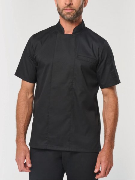 mannequin homme de face portant la Veste de cuisine écoresponsable manches courtes unisexe personnalisable