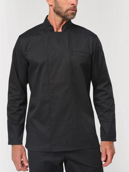 mannequin homme de face portant la Veste de cuisine écoresponsable manches longues unisexe personnalisable mannequin homme de face portant la Veste de cuisine écoresponsable manches longues unisexe personnalisable