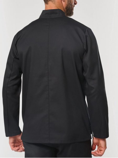 mannequin homme de dos portant la Veste de cuisine écoresponsable manches longues unisexe personnalisable mannequin homme de dos portant la Veste de cuisine écoresponsable manches longues unisexe personnalisable