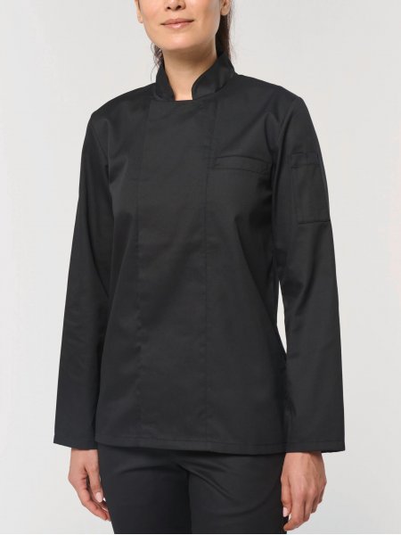 mannequin femme de face portant la Veste de cuisine écoresponsable manches longues unisexe personnalisable mannequin femme de face portant la Veste de cuisine écoresponsable manches longues unisexe personnalisable