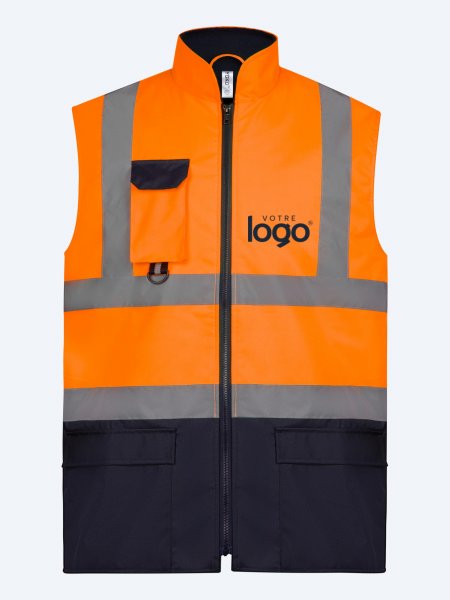 Bodywarmer rembourré haute visibilité orange fluo et marine à personnaliser