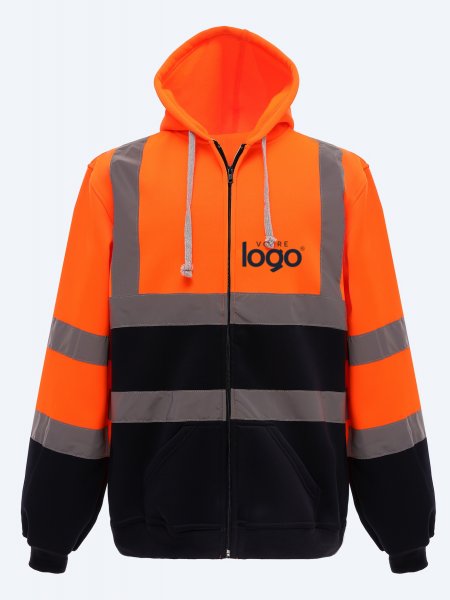 Sweat à capuche zippé haute visibilité orange fluo et marine à personnaliser Sweat à capuche zippé haute visibilité orange fluo et marine à personnaliser