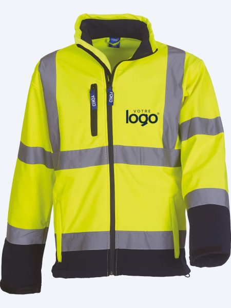 Veste softshell haute visibilité jaune fluo et marine à personnaliser Veste softshell haute visibilité jaune fluo et marine à personnaliser