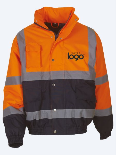 Blouson bicolore haute visibilité orange fluo et marine à personnaliser