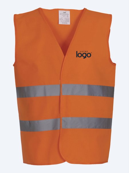 Packshot du gilet haute visibilité 2 bandes YHVW102 en coloris Hi Viz Orange avec simulation de marquage logo sur le cœur