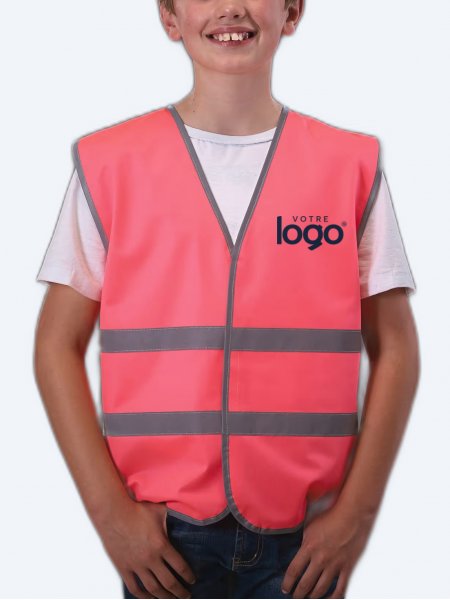 Gilet enfant à bandes réfléchissantes rose à personnaliser Gilet enfant à bandes réfléchissantes rose à personnaliser