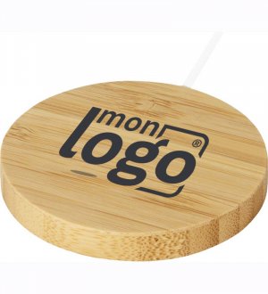 Exemple de logo imprimé sur un chargeur de téléphone à induction en Bambou Exemple de logo imprimé sur un chargeur de téléphone à induction en Bambou